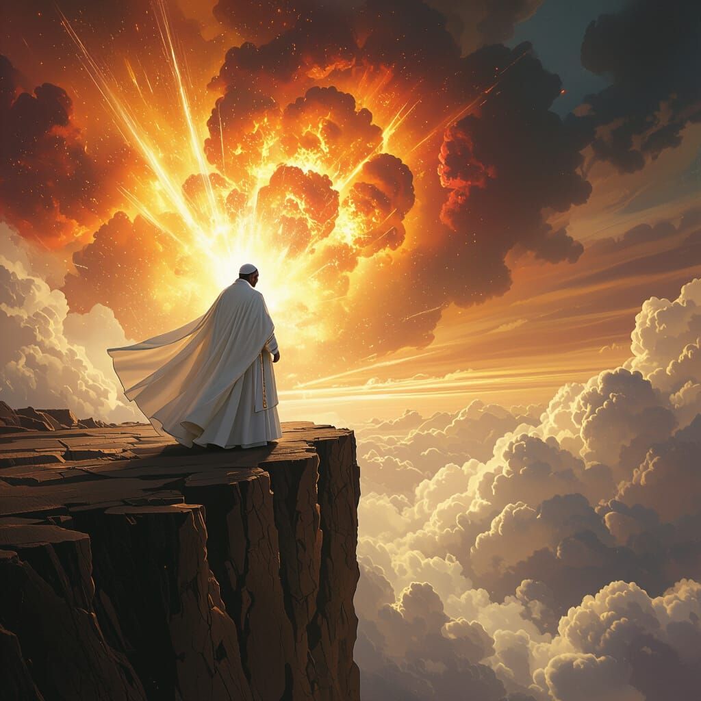 Pope on Cliff Edge Amidst Fiery Explosion, Dramatic Baroque ...
