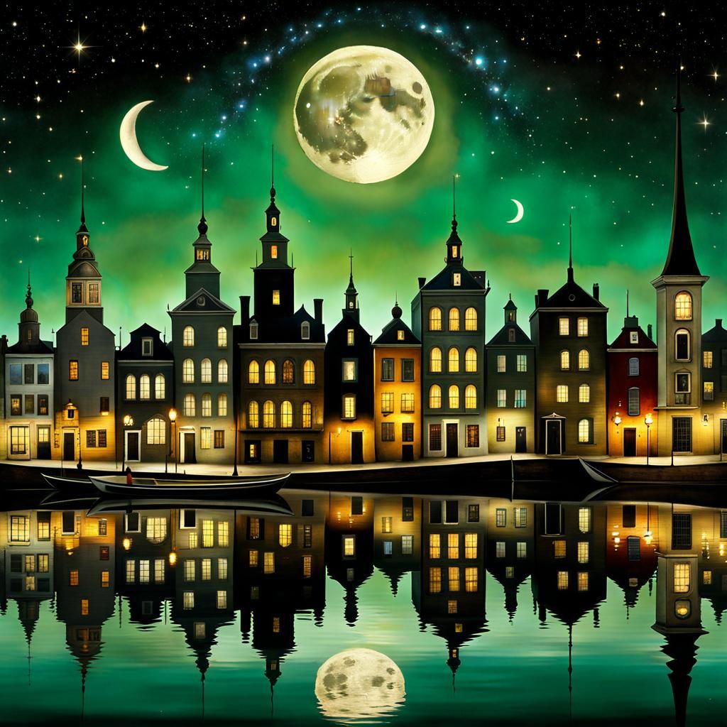 Surreal Waterfront Cityscape with Galaxy Sky