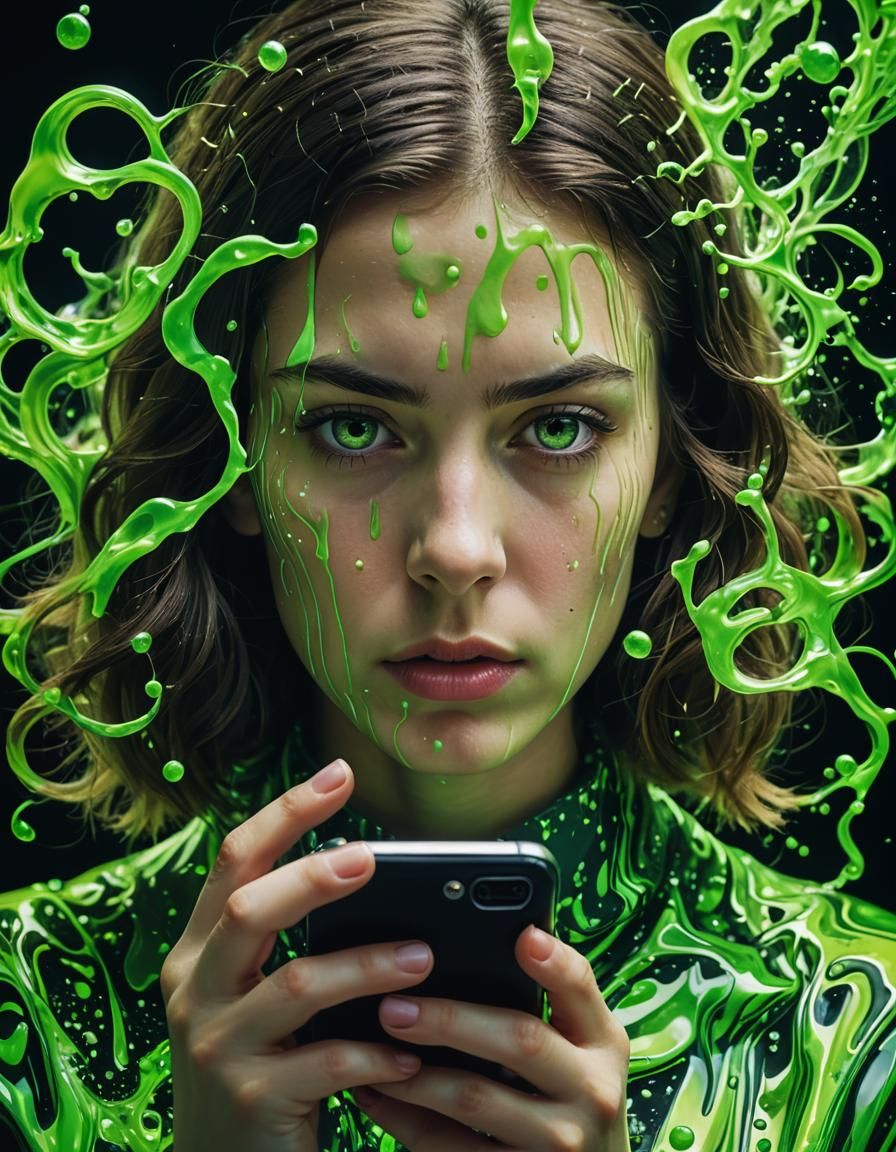 Surreal Woman Engulfed in Toxic Smartphone Addiction
