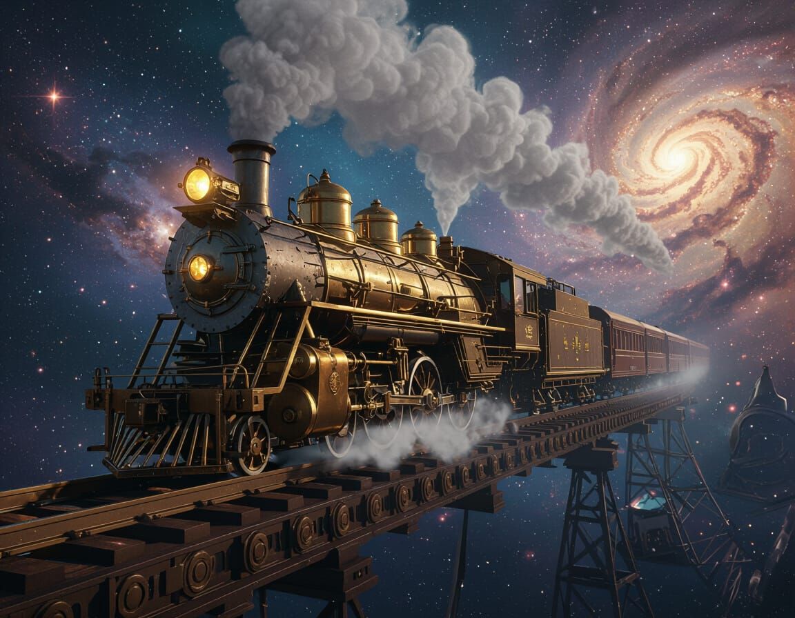 Steampunk Train Soars Through Cosmic Nebulae