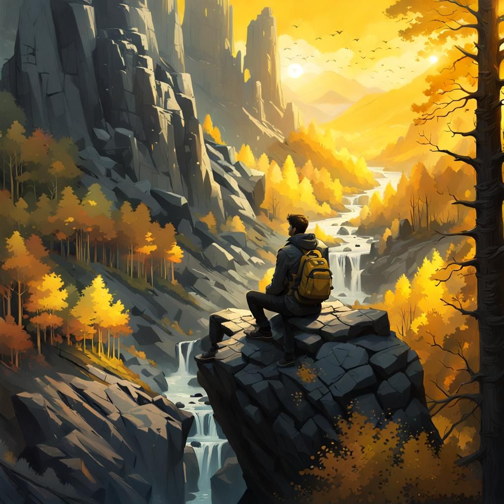 Man in Yellow Forest at Sunset: Splash Art