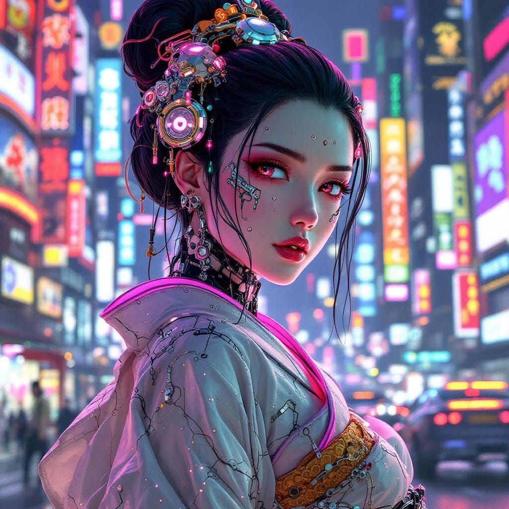 Cybernetic Geisha in Neon Cyberpunk Cityscape