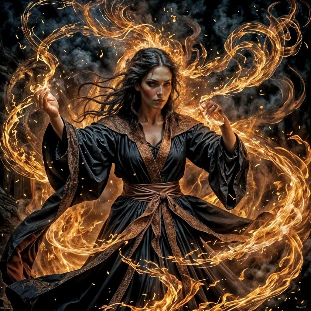 Dramatic Witch Performing Fire Magic in Oil Painting