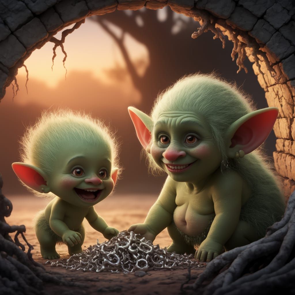 Troll Family Under Ancient Bridge in Whimsical Sunset Scene