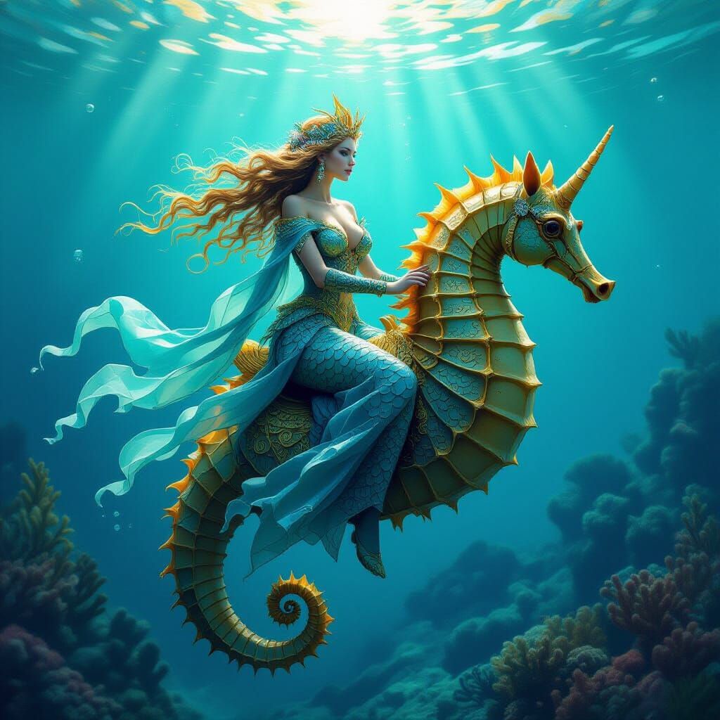 Seahorse Goddess in Underwater Realm, Hyperrealistic Digital...