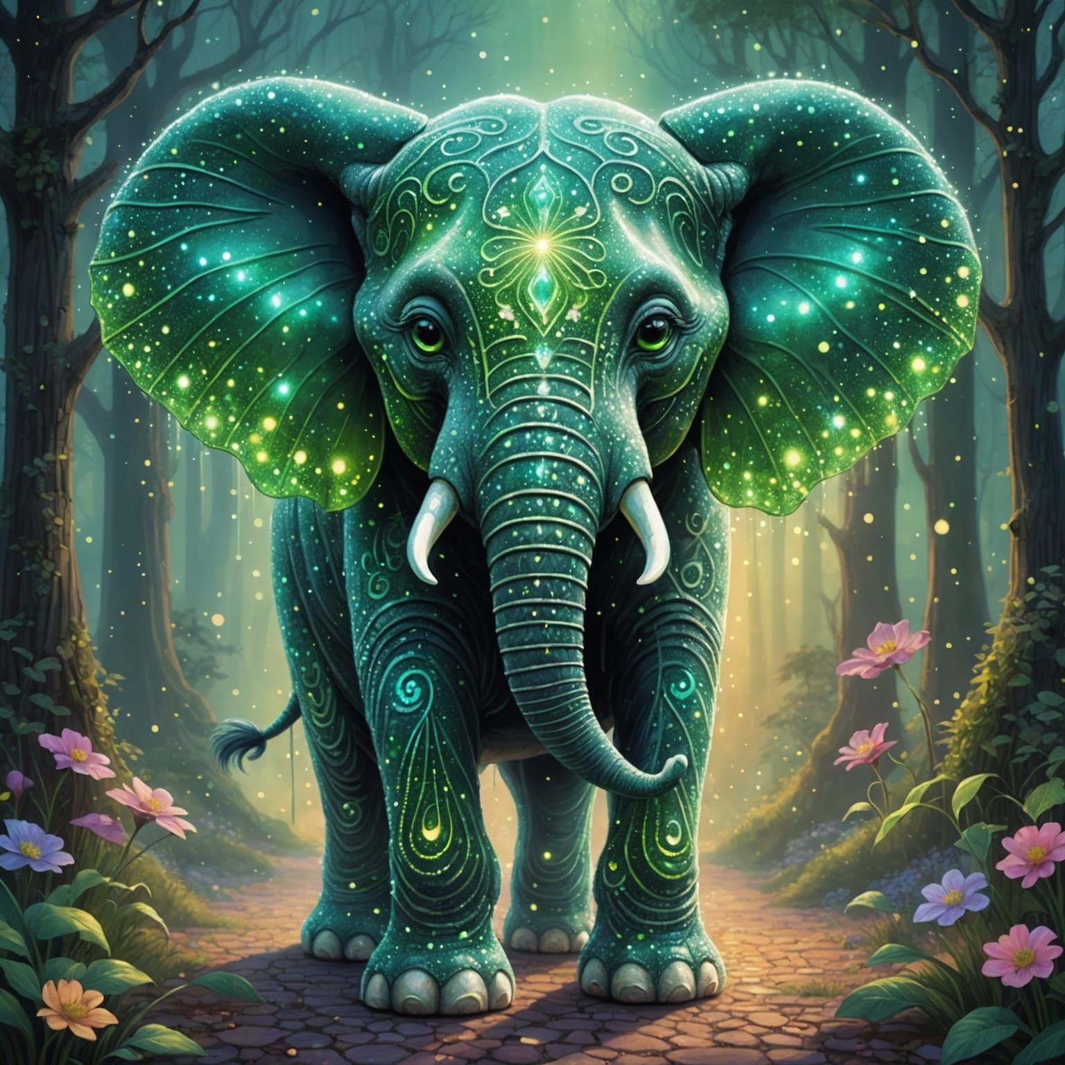 Ethereal Elephant in Pointillist Fantasy Landscape