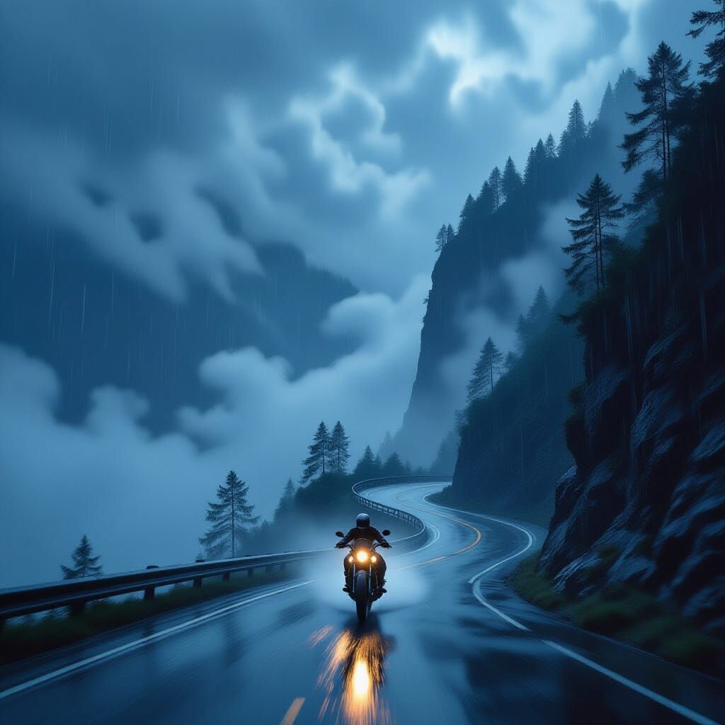 Motorcycle on Cliffside Road at Night in Photorealistic Styl...