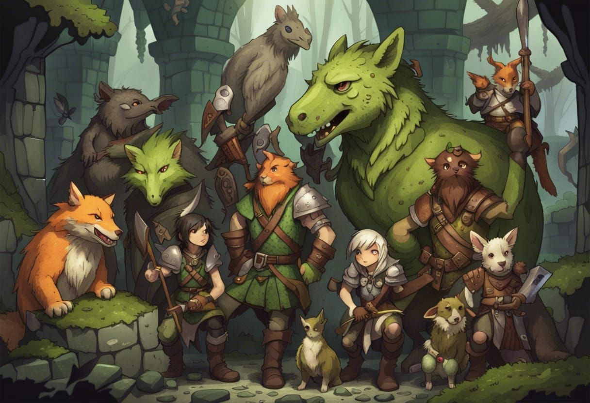 Animal Adventurers in Mossy Dungeon Ruins