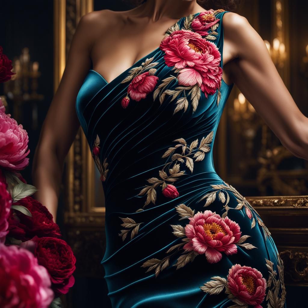 Floral Velvet Dress: Ultra-Detailed Photorealistic Portrait