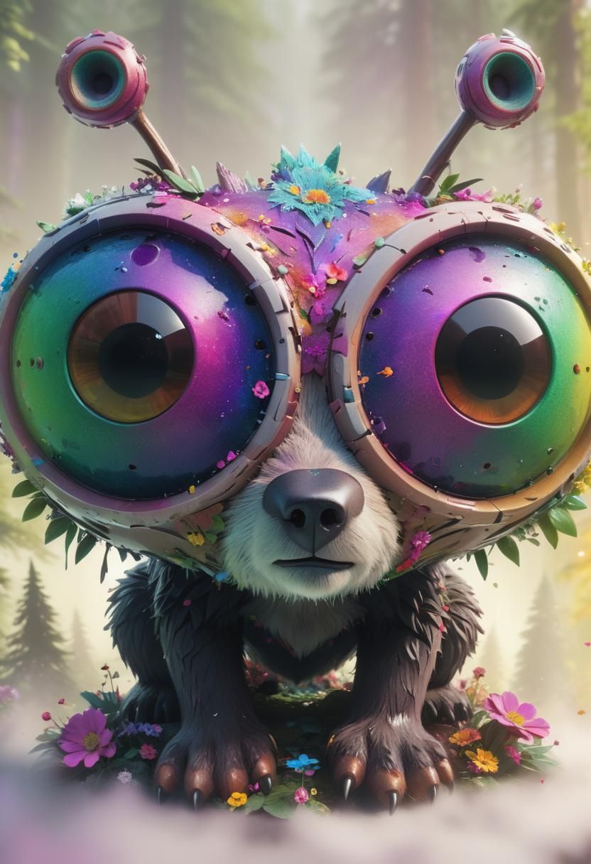 Adorable Bear in Vibrant Forest: Hyper-Realistic Art