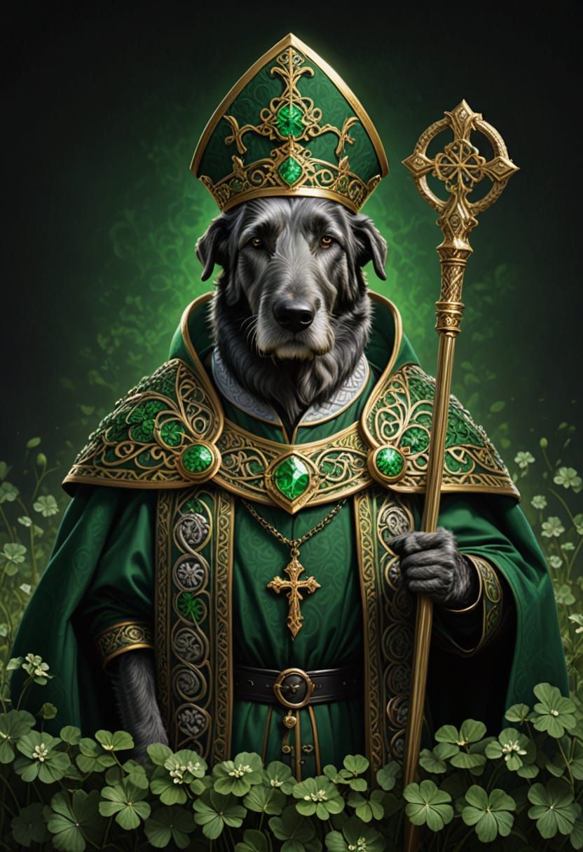 Irish Wolfhound Bishop in Shamrock Field, Oil Painting