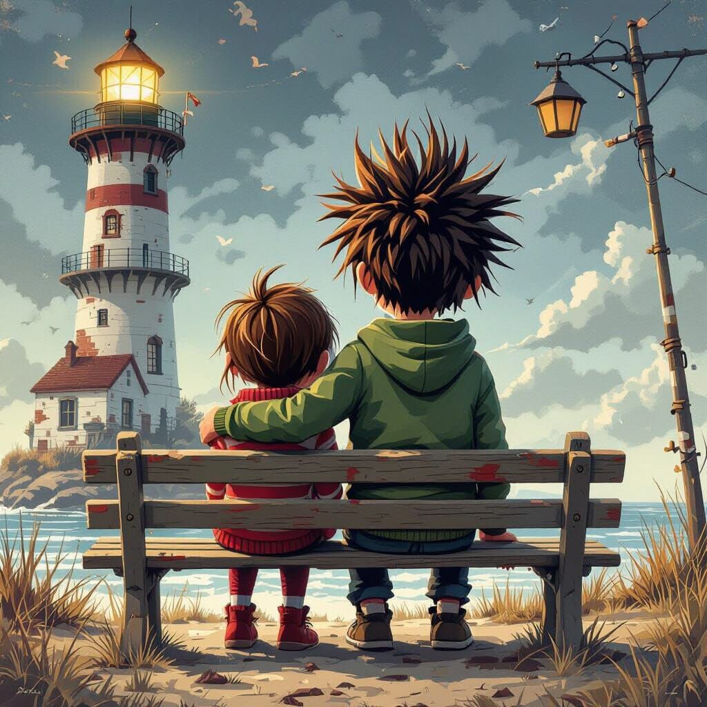 Children Sit by Lighthouse in Nostalgic CGI Seaside Scene