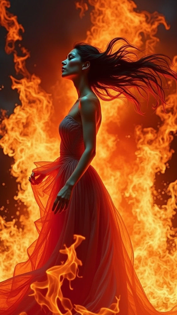 Woman in White Gown Amidst Raging Inferno
