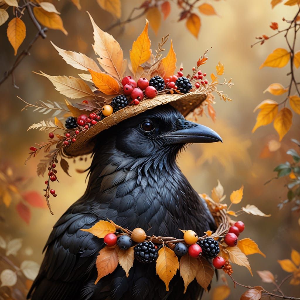 Autumn Leaf Hat with Crow in Golden Hour Light
