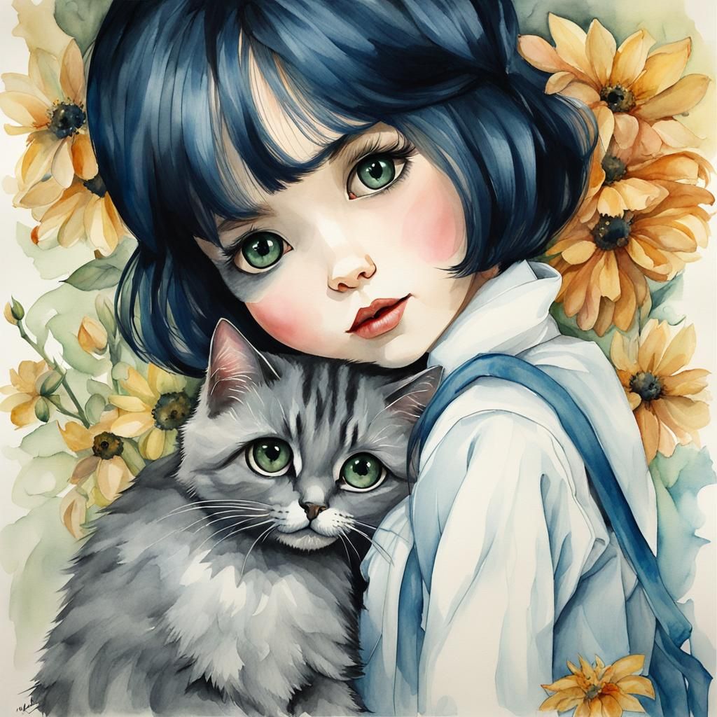 Watercolor Big-Eyed Girls Hugging Smoky Cat
