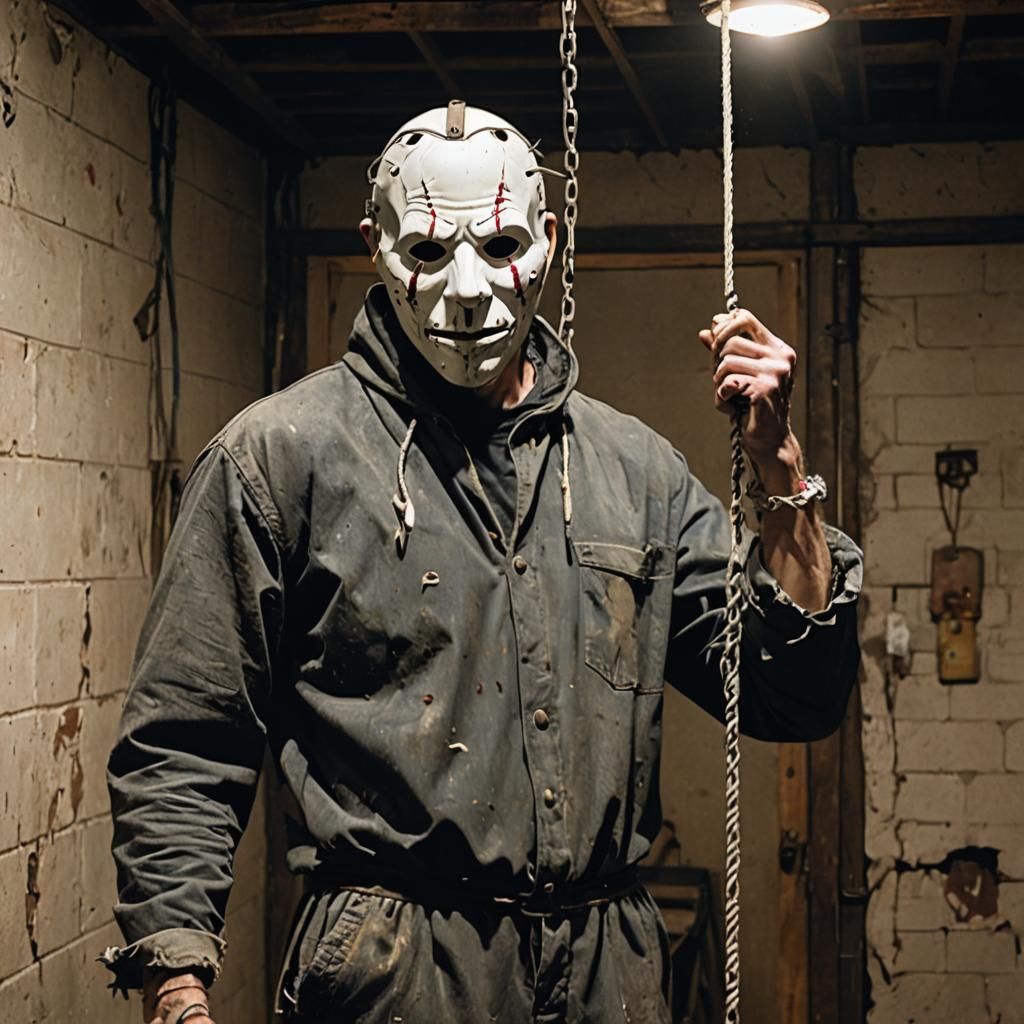 Terrifying Masked Figure in Basement Horror Scene