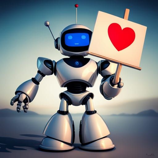 Robot Holding I Love BAires Sign, Digital Art