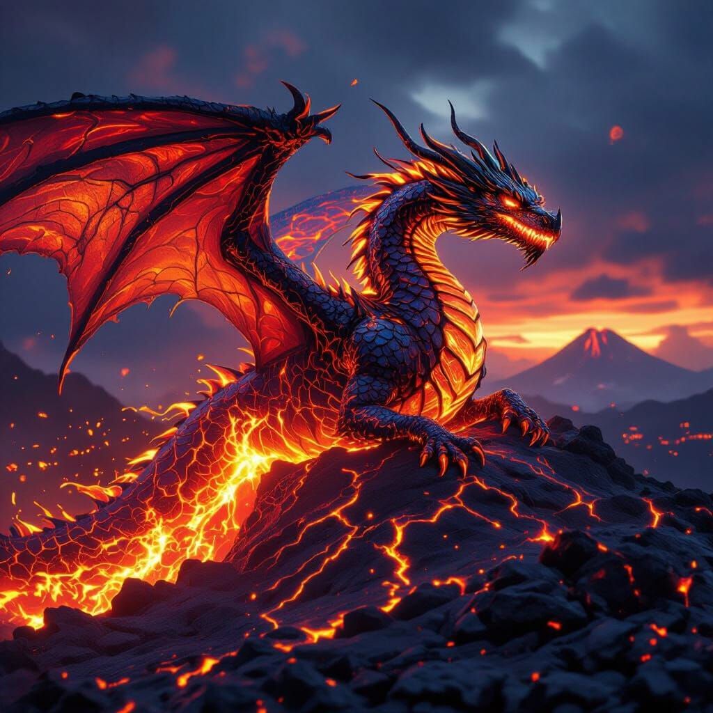 Molten Lava Dragon Soars Through Volcanic Sky