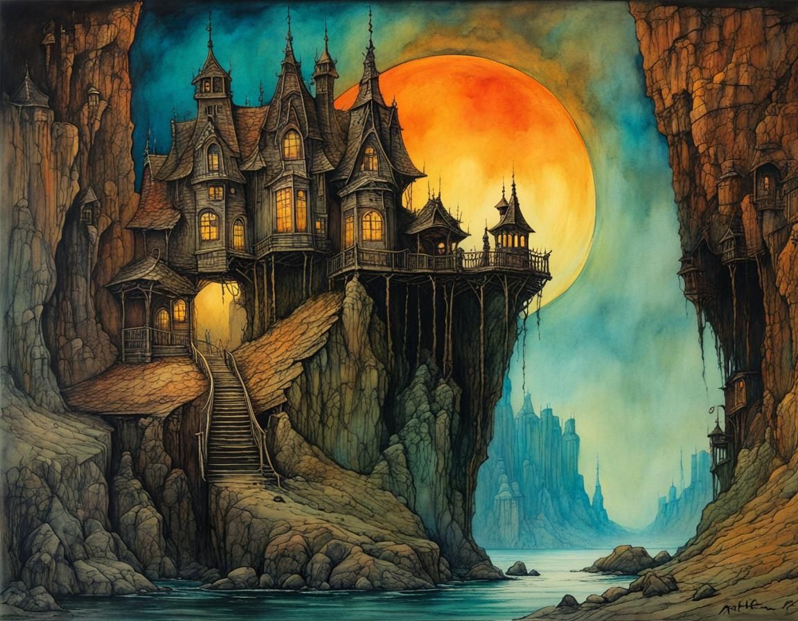 Haunted House on Dangerous Cliff in Retro-Futuristic Style