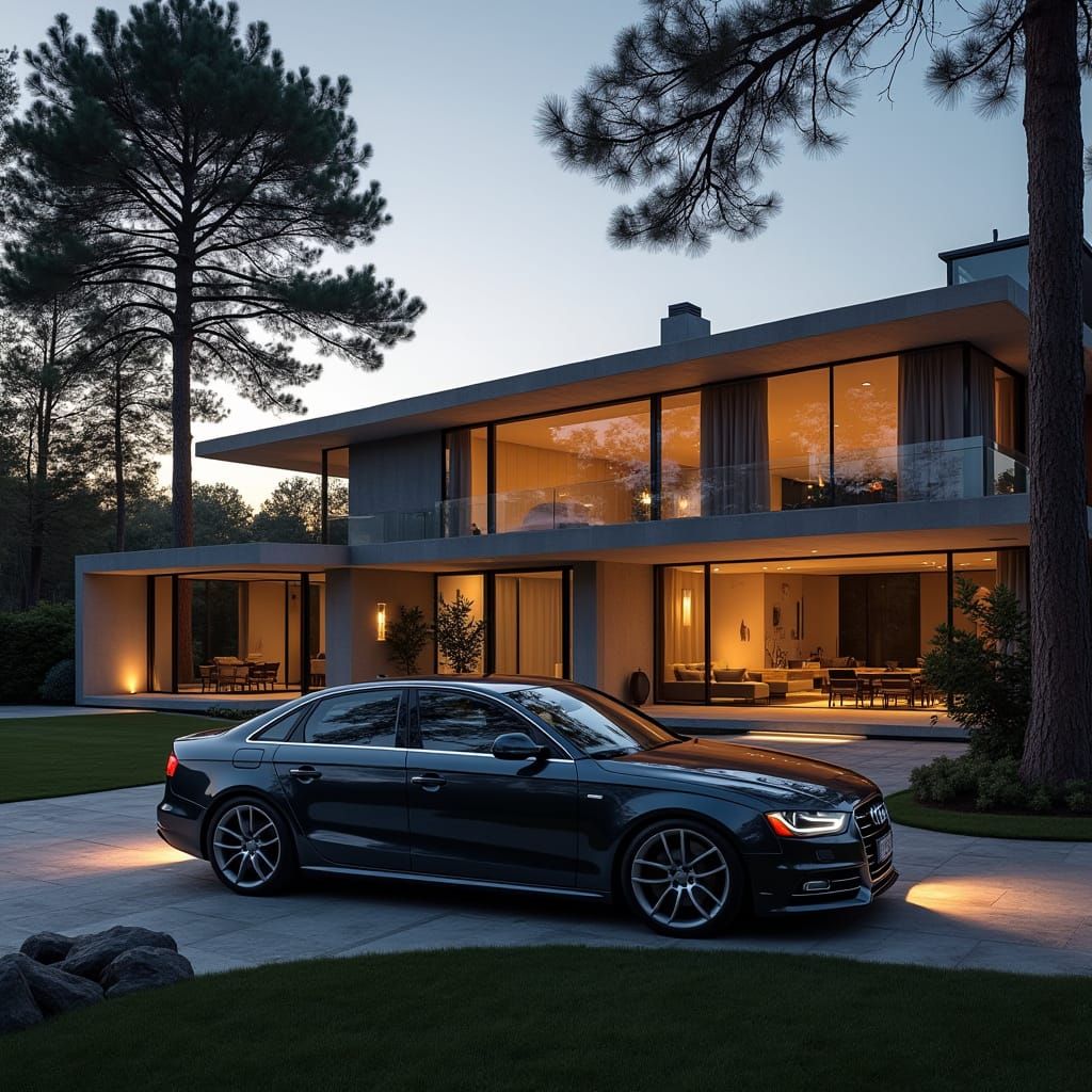 Luxury Audi A4 B8 2011 in Dark Gray, Beside Modern Mansion w...