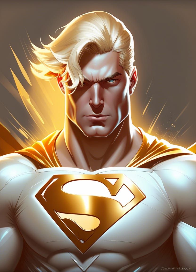 superman, blonde, white and gold suit, head and shoulders portrait, 8k resolution concept art portrait by Frank Cho, Art...