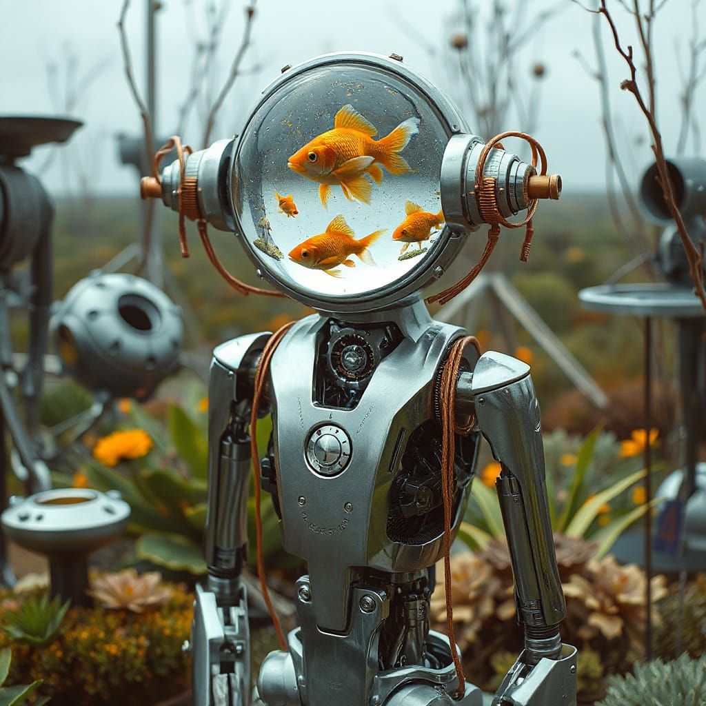 Robot with Aquatic Head in Futuristic Garden