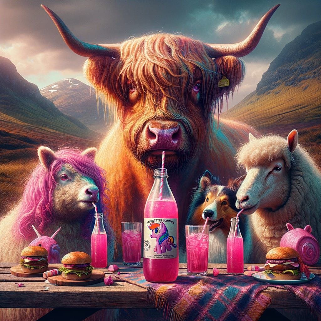 Highland Animals Enjoy Pink Picnic in Dramatic Hyperrealisti...
