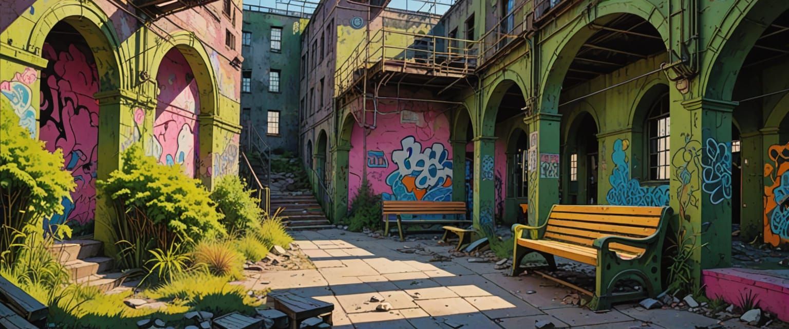 Abandoned Factory in Comic Book Style with Graffiti