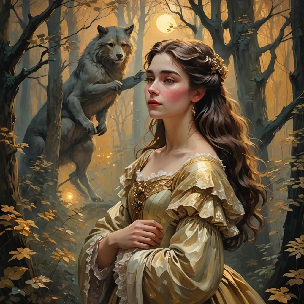 Belle and Beast Embrace in Moonlit Forest