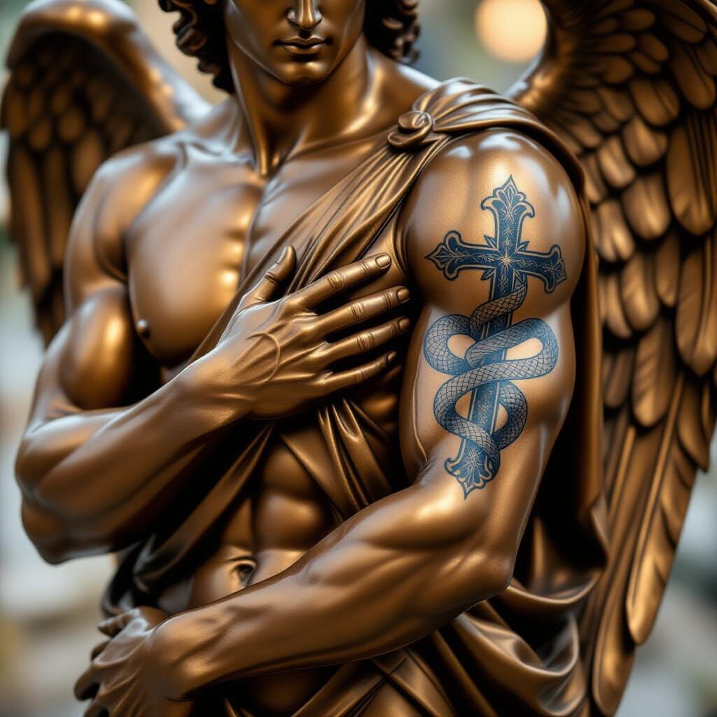 Bronzed Angel Reveals Serpent Tattoo on Biceps