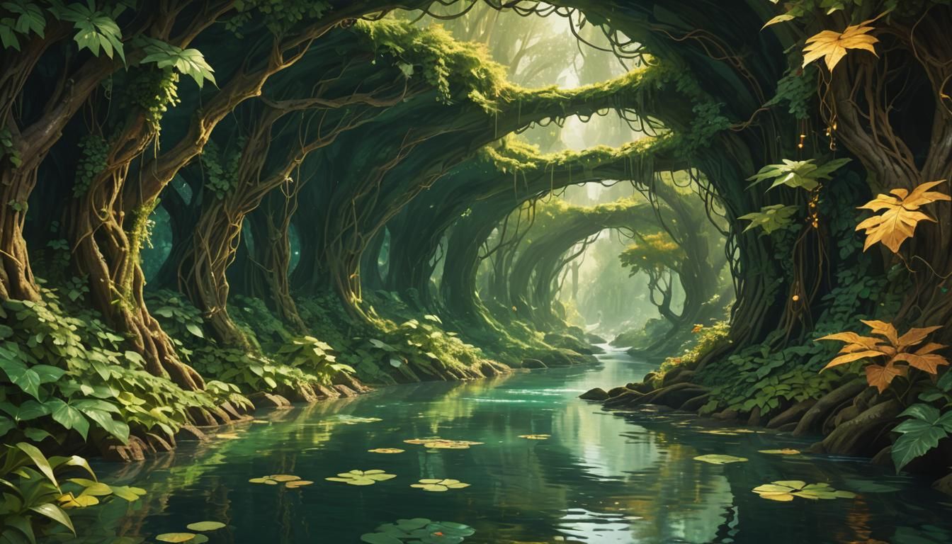 Enchanted River Flows Through Emerald Forest, D&D Art