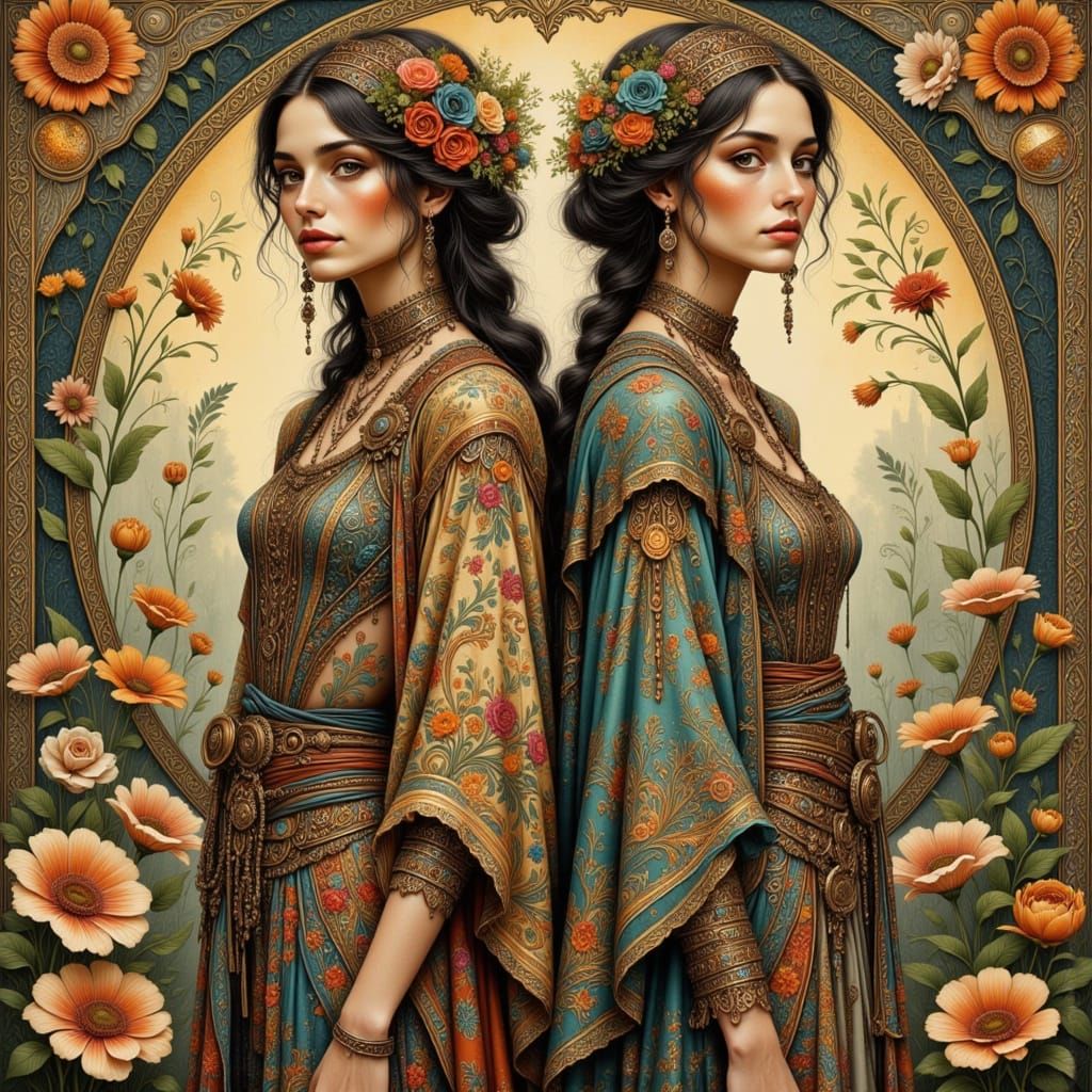 Ethereal Sisters in Folk Art Nouveau Style
