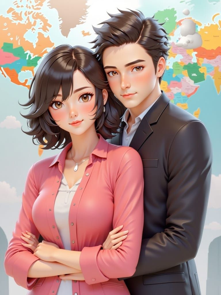 Embracing Couple in Anime Style with World Map Background