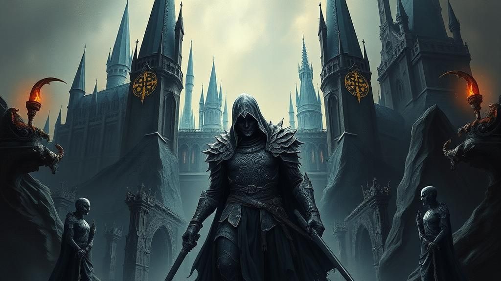Dark Fantasy Warrior in Abstract Hogwarts Landscape