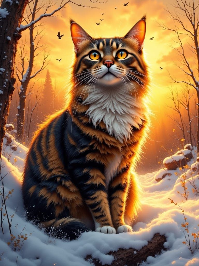 Majestic Tabby Cat in Golden Hour Snowscape