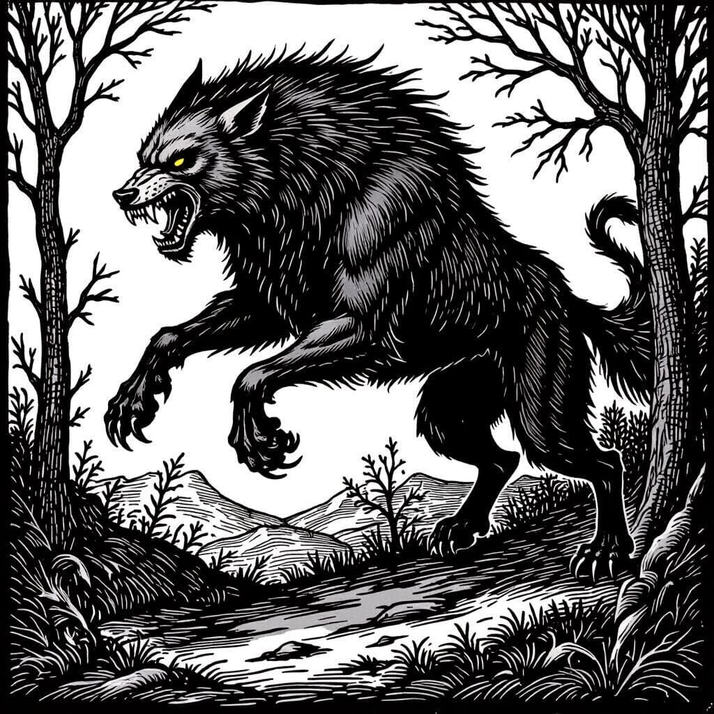 Menacing Witcher Barghest in Medieval Woodcut Style