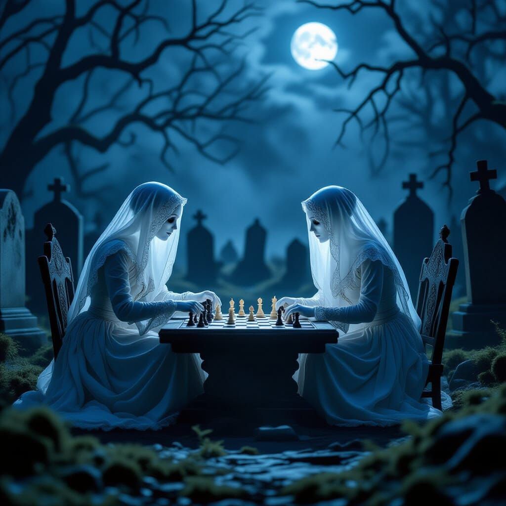 Ghosts Playing Chess in Moonlit Graveyard
