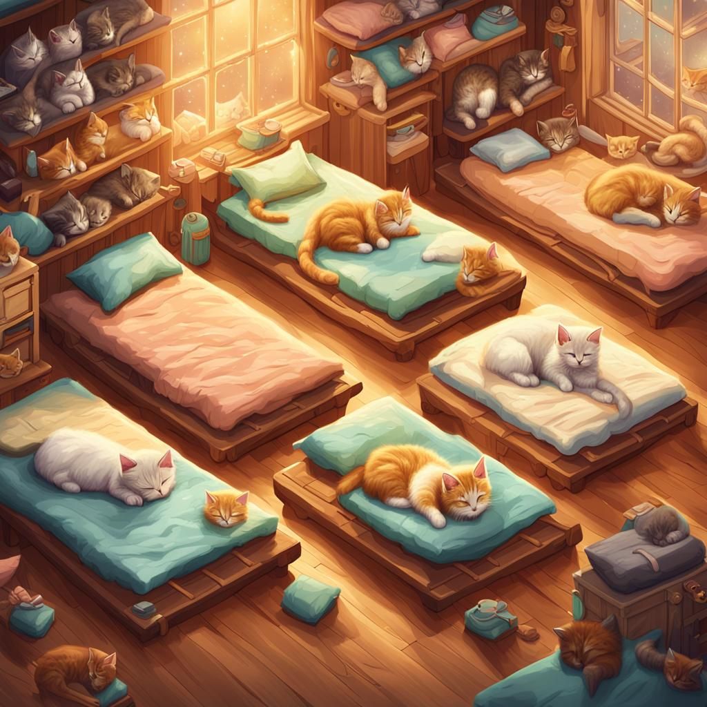 Kittens Sleeping on Mattresses: Whimsical Digital Art