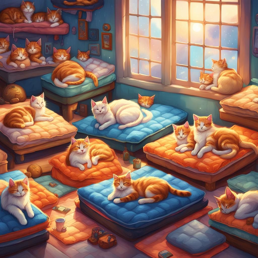 Cute Kittens Asleep on Colorful Mattresses
