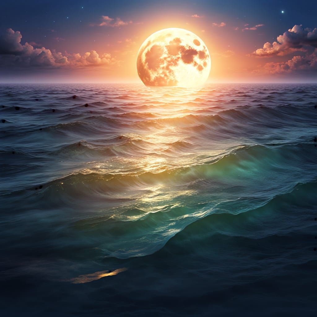 Ethereal Full Moon Over Magical Shimmering Sea