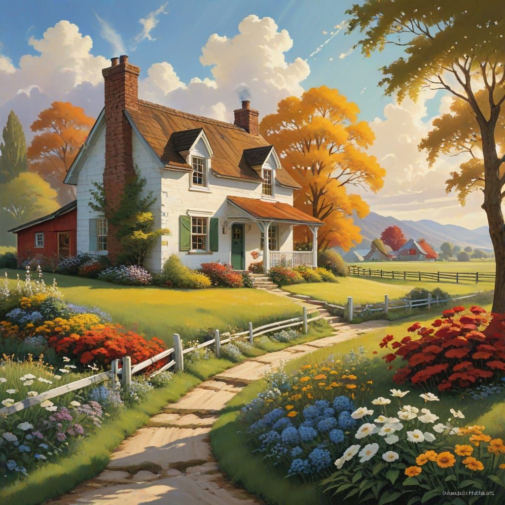 Rustic Cottage Landscape in a Whimsical Style