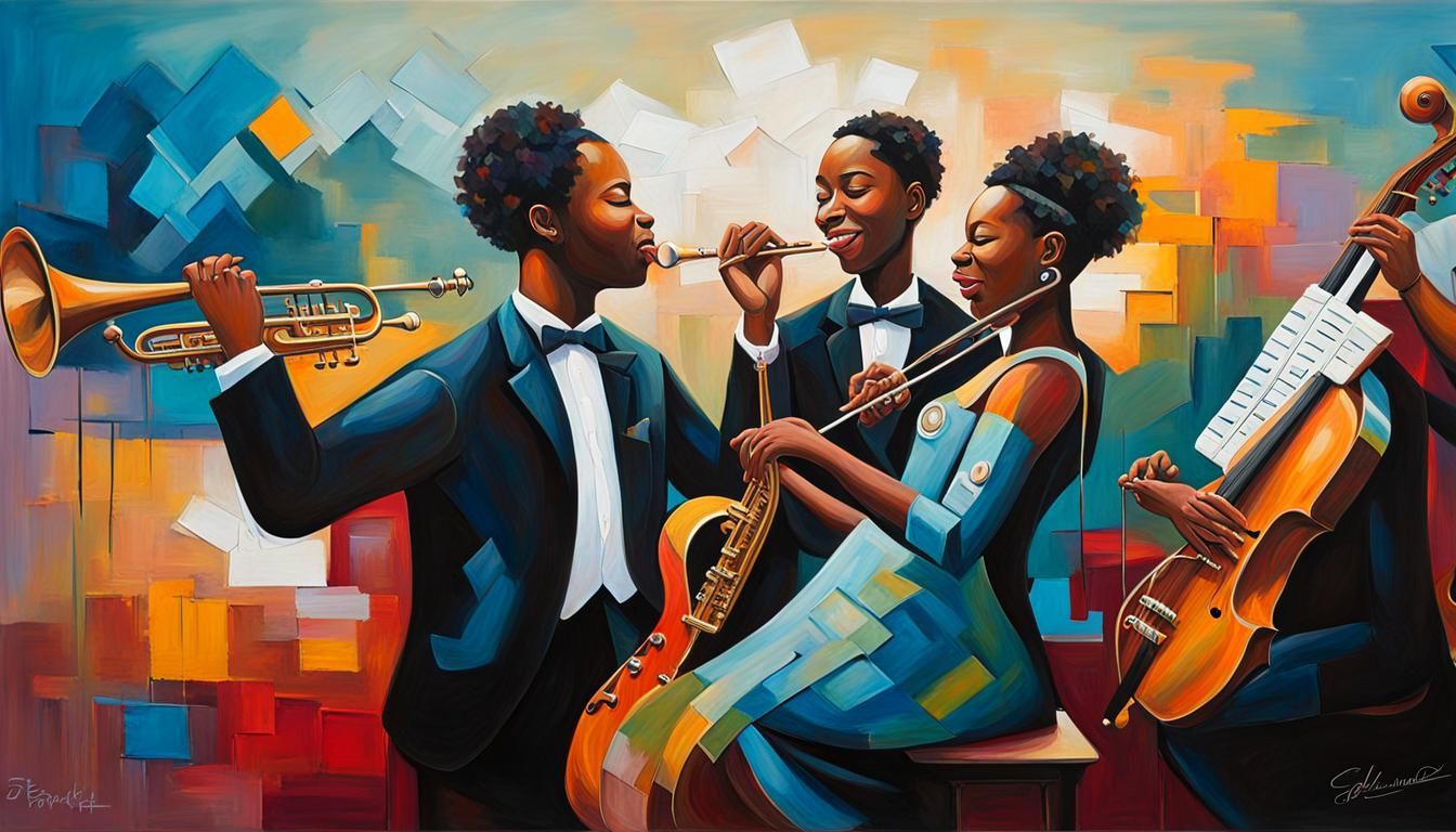 young black conductor painting depicts three persons joyfull...