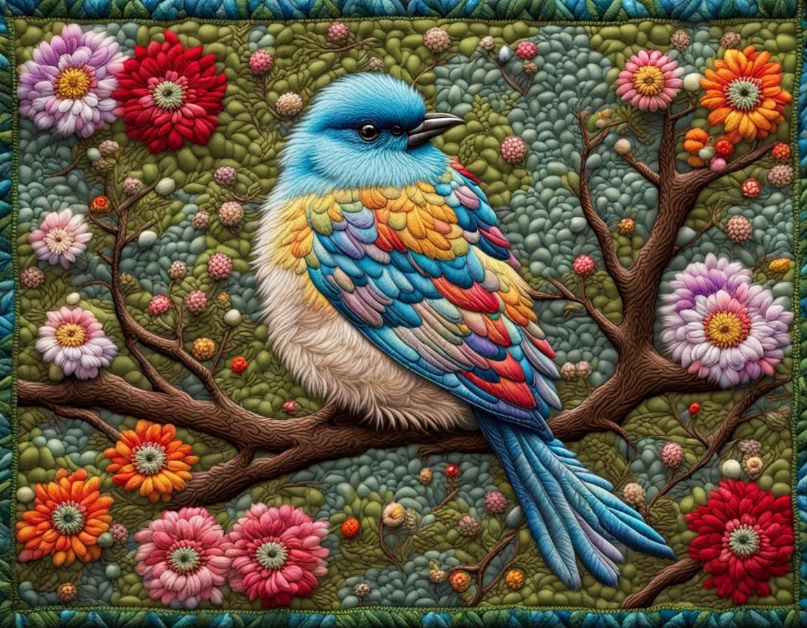 Embroidered Bird on Mossy Branch Quilted Tapestry