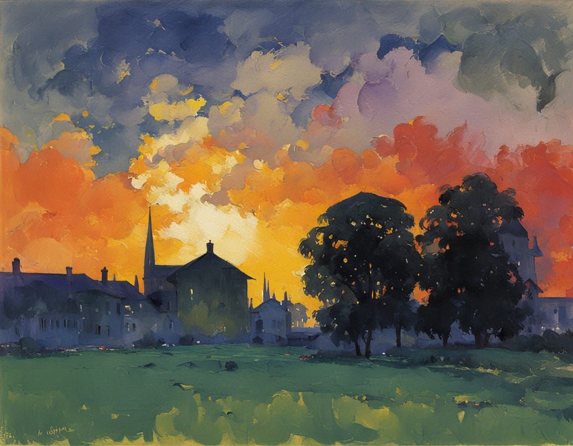 Expressionist Landscape in Warm Evening Light