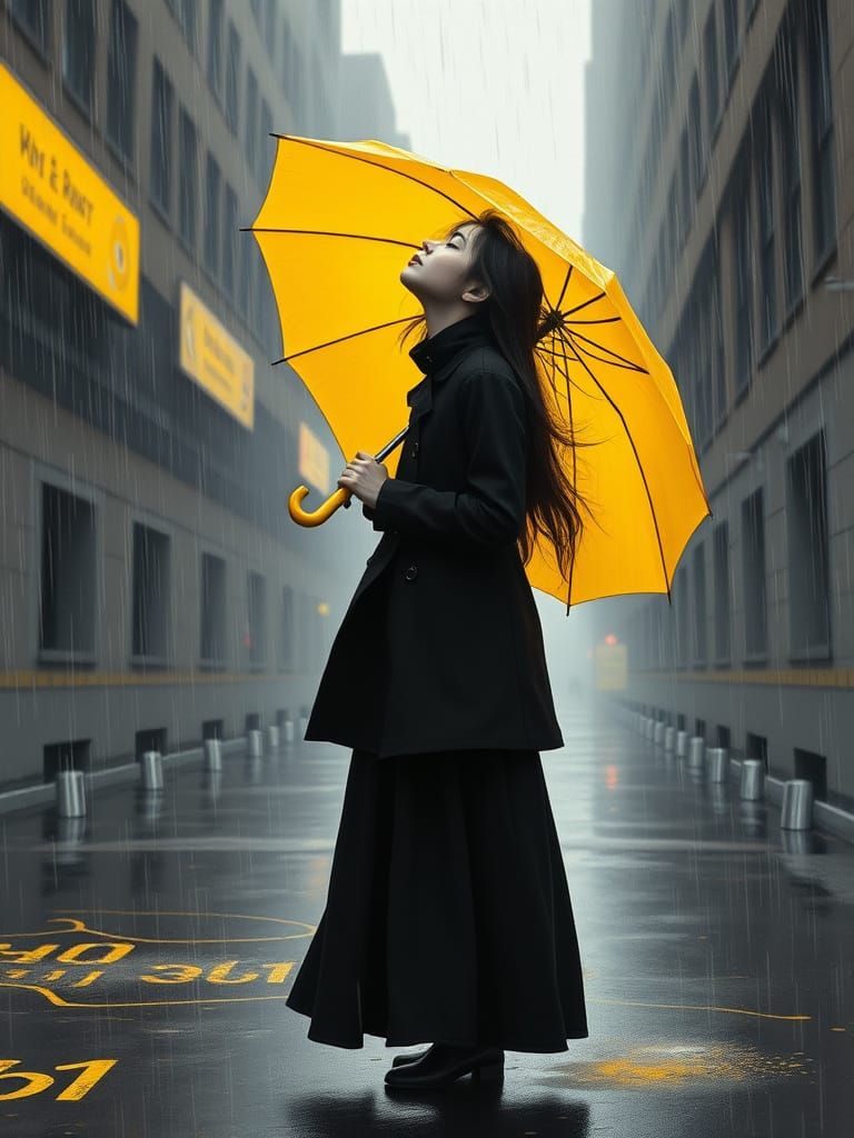 Ethereal Girl Under Rainy Umbrella in Black-and-White