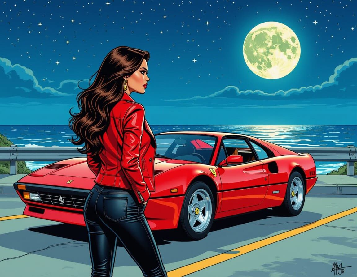 Brunette in Red Leathers with Ferrari, in Comic Art Style