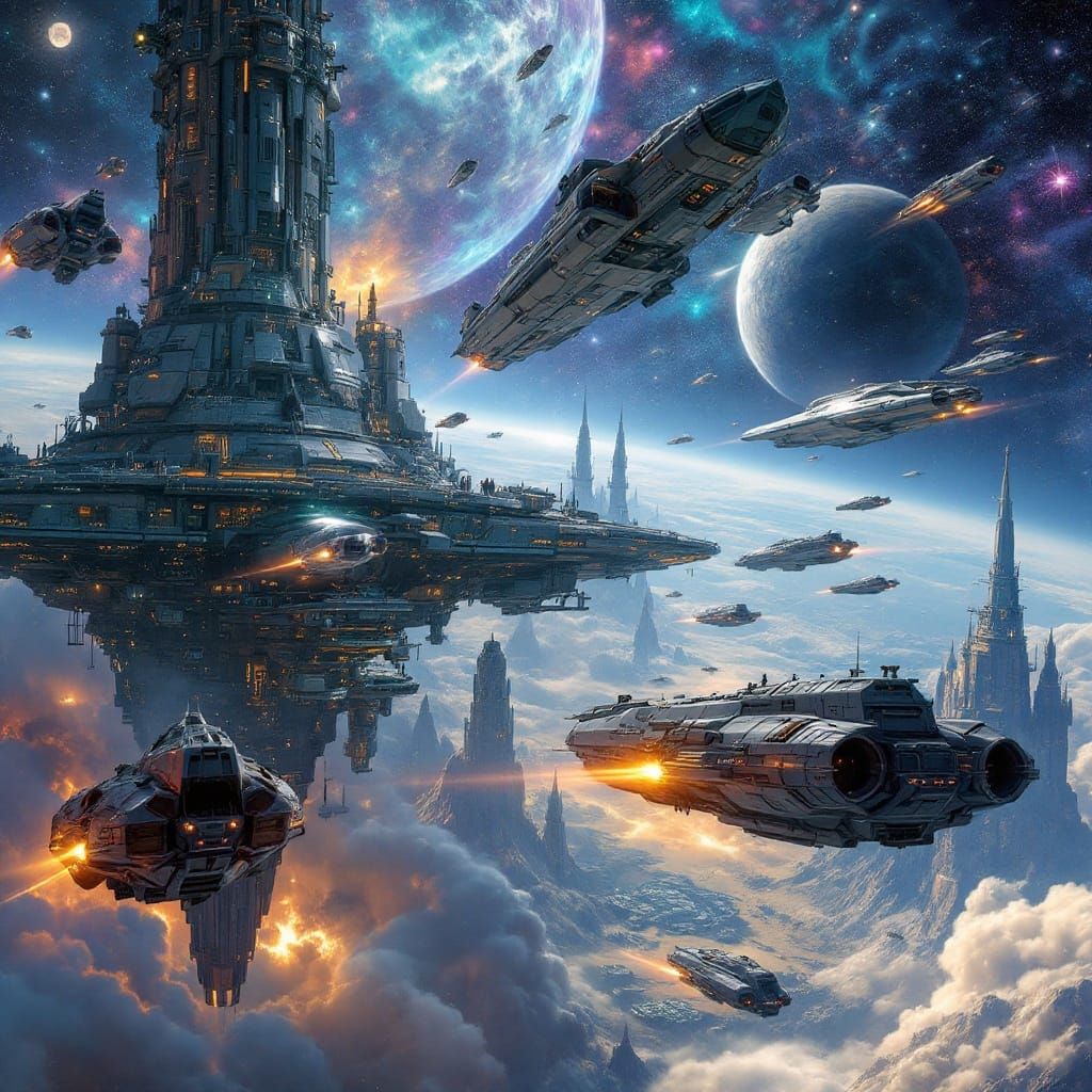 Spaceships Soaring Around Space Station in Digital Painting ...