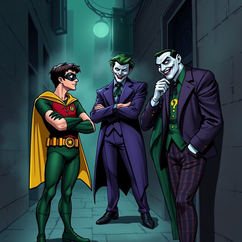Robin Admires the Joker and Riddler in Gotham City Alleyway