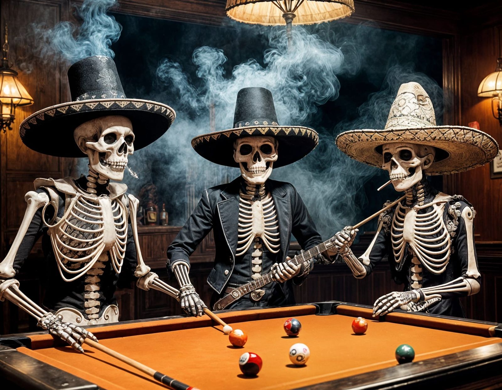 Mysterious Mariachi Skeletons Gather in a Smoke-Filled Bar