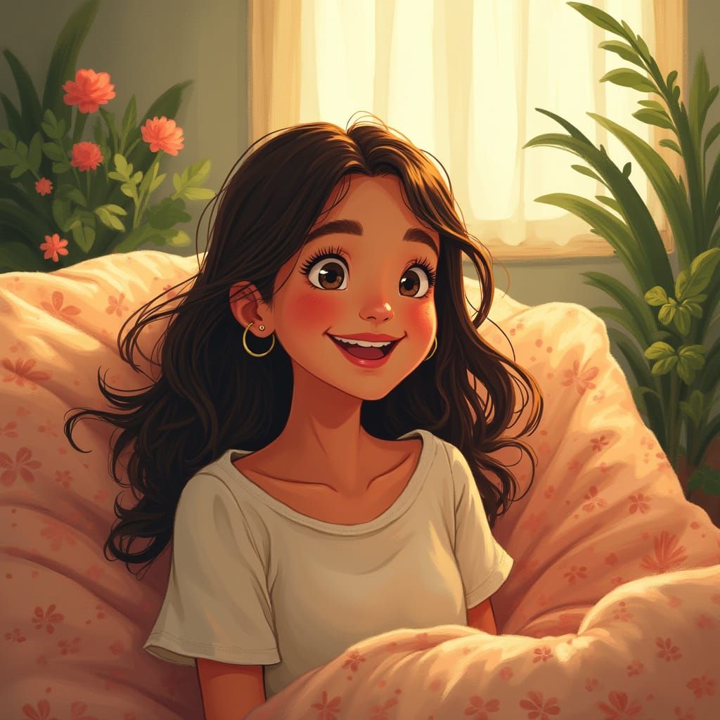 Whimsical Woman Spreads Joy in Vibrant, Floral Room